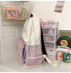 Grande zaino scolastico rosa e bianco per studenti borsa casuale vista dettagliata