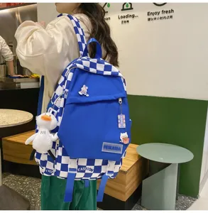Zaino a quadri blu e bianco da donna borsa scolastica per studenti grande capacità viaggio
