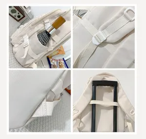 Mochila casual minimalista de color sólido con bolsillos laterales, correas y cinta para maleta.