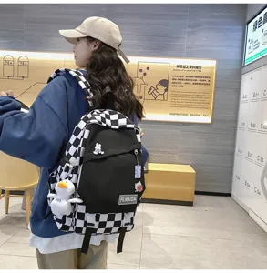 Zaino in tela a quadri da donna borsa per la scuola stile harajuku moda grande daypack