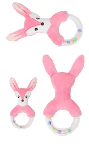 Pink plush bunny baby rattle detail showing soft fabric, transparent ring and colorful beads inside.