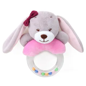 Plush bunny rattle detail showing cute grey rabbit head, pink bow, and clear ring.