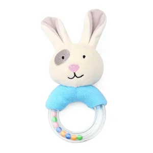 Plush rabbit baby rattle toy with colorful rolling beads in clear ring for infant early education.