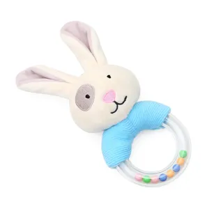 Close-up detail of plush bunny baby rattle with colorful beads and soft fabric ring.