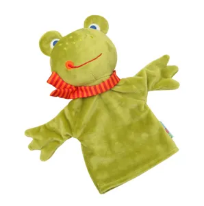 Cute green frog plush hand puppet toy with striped scarf for early education storytelling play.