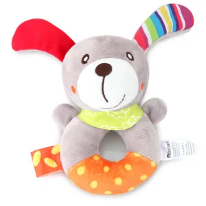 Cute baby plush hand rattle toy, soft infant grip training rattle with colorful ears and ring.