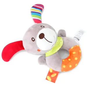 Plush animal baby rattle toy with colorful ears and grasping ring for newborns.
