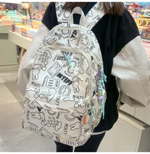 Cute ins style canvas backpack black white cartoon print large capacity casual school bag