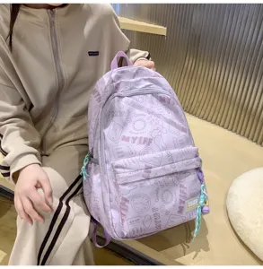 Cute purple canvas backpack for women, large capacity casual school bag with cute cartoon prints.