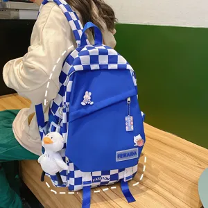 Zaino a scacchi blu e bianco zainetto scolastico casual per studenti stile Harajuku