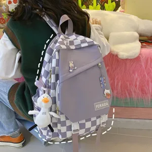 Zaino scolaresco a quadri viola zaino casual grande capacità borsa da studente elegante