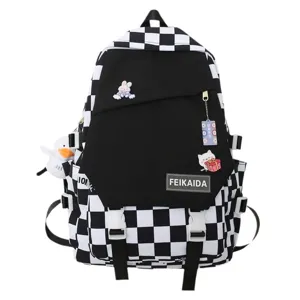 Zaino a scacchi bianco e nero studente casuale grande capacità borsa scolastica stile coreano