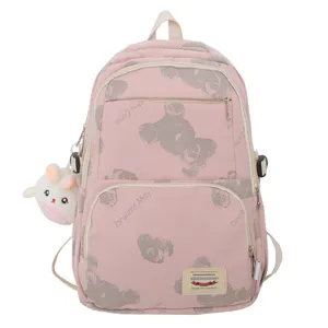 Pink cute bear print school backpack for teenage girls with rabbit plush pendant casual daypack