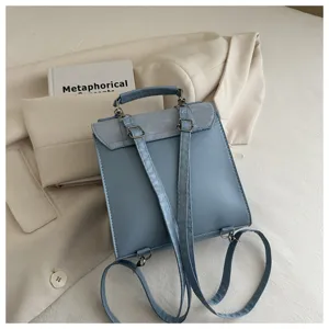 Detailed view of a stylish light blue mini leather backpack with top handle and straps.