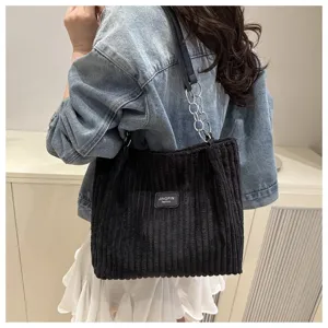 Black corduroy tote bag for women large capacity casual shoulder bag daily commuter stylish handbag.