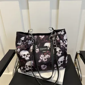 Große Kapazität Segeltuch Tragetasche Gotischer Totenkopf Blumenmuster Umhängetasche Lässige Pendler Handtasche Mit Kettenriemen Für Damen