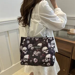 Damen Gothic Totenkopf Blumen Canvas Tote Bag grosse Kapazitaet Schultertasche Ansicht
