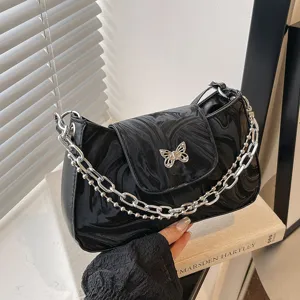 Damen Trendy PU Leder Unterarm Umhängetasche Marmorstruktur Schleifenschloss Metallkette Chic Handtasche