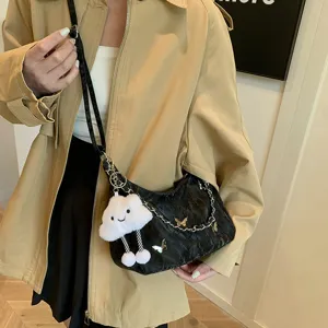 Chic black pleated shoulder crossbody bag with cute cloud plush pendant and chain.