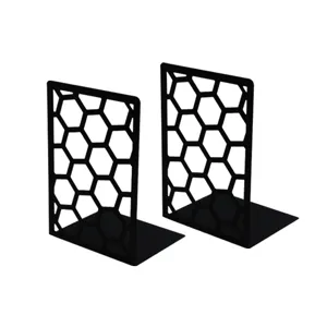 Black metal bookends with honeycomb cutout design, heavy-duty L-shaped desktop book support.