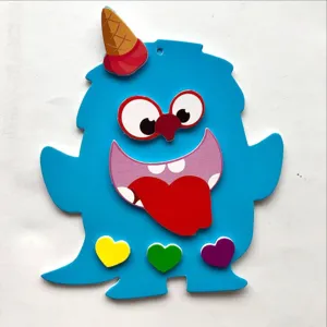 Blue cartoon monster EVA foam DIY sticker detail, cute puzzle piece for kids early education.