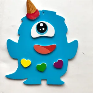 Detailed view of blue monster DIY EVA foam sticker, featuring big eye and colorful hearts.