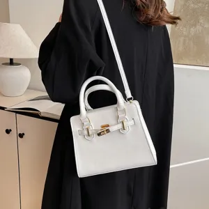 Stylish white women handbag casual PU leather shoulder crossbody bag with top handle and lock.