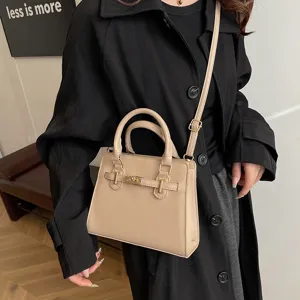 Chic beige top-handle shoulder bag with metal lock for women fashion style main view