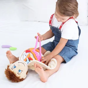Detail shot of kids human body anatomy plush toy apron, children learning organs model toy.