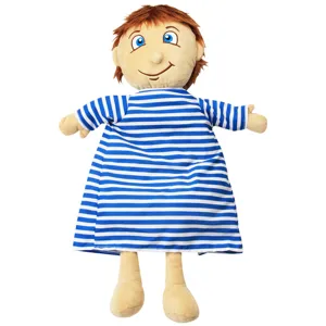 Detailed shot of kids human body cognitive early education plush apron toy with blue white stripes.