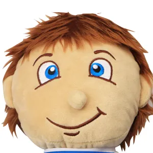 Close-up of plush doll head, soft texture, detailed embroidery eyes, educational toy detail
