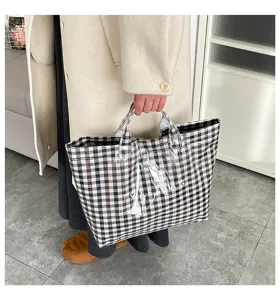 Plaid tote bag large capacity canvas handbag casual daily storage bag cute aesthetic style