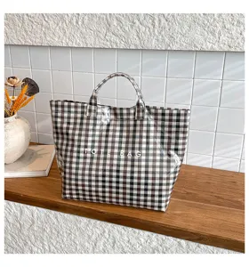 Brown plaid tote bag with clear PVC cover, casual large capacity shopping handbag for women.