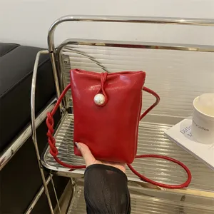 Women Mini PU Leather Crossbody Bag Small Square Shoulder Phone Bag Pearl Decorated Stylish Daily Purse Handbag