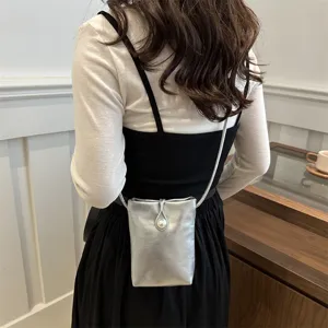 Women silver mini crossbody bag metallic phone purse stylish shoulder bag chic small handbag
