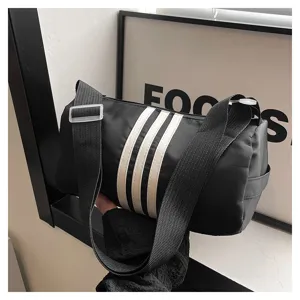 Black nylon cylinder crossbody bag with white stripes casual barrel shoulder bag for women