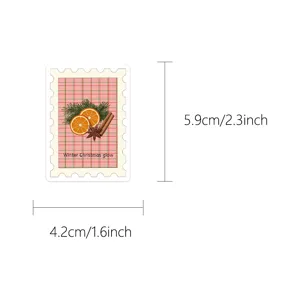 Autocollant timbre vintage de Noël avec orange et aiguilles de pin, taille 5.9x4.2cm pour agenda.