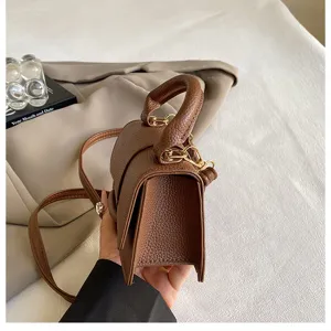 Brown mini top-handle bag detail showing textured leather surface and metallic hardware.