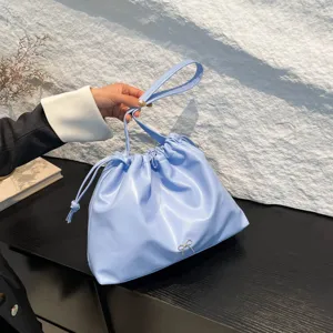 Sac Seau Décontracté en Cuir PU pour Femmes Couleur Unie Cordon Plissé Sac Bandoulière Mode