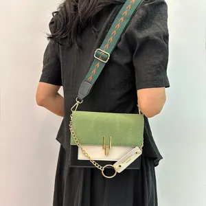 Stylish colorblock women shoulder bag, casual retro crossbody bag with chain and wide strap.
