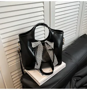 Black PU leather tote bag for women with elegant white lace bow handle shoulder handbag
