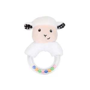 Cute plush sheep baby rattle with colorful ring beads for early education and safe biting play.