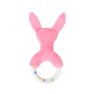 Pink plush bunny baby rattle toy with clear ring and colorful beads for infant early education