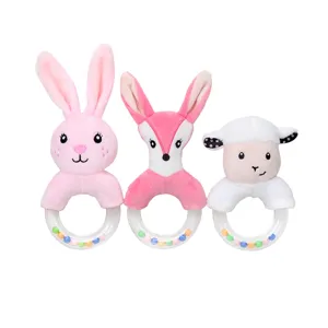 Cute plush animal baby rattle set with clear plastic ring and colorful beads for early education.