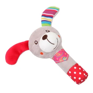 Cute plush baby rattle toy detail, soft animal hand stick for early education and sensory development.