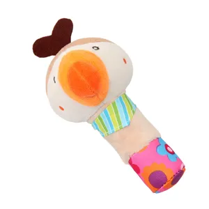 Plush baby rattle toy detail, cute animal design with colorful handle and soft fabric texture.