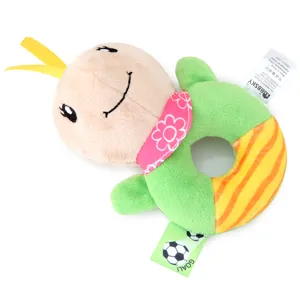 Cute plush baby rattle toy with cartoon animal design, soft ring shape for infant hand grip training.