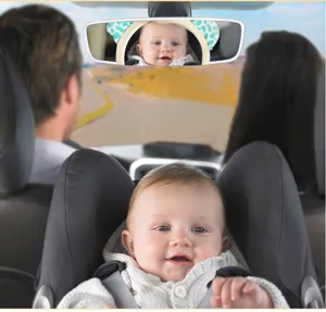 Backseat baby car mirror detail view showing wide angle convex glass and secure rear facing mount.