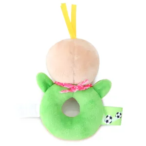 Plush baby hand rattle toy with cute cartoon animal design, soft grip ring for early education.