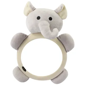 Baby car seat mirror detail shot featuring cute grey plush elephant design and clear reflection.